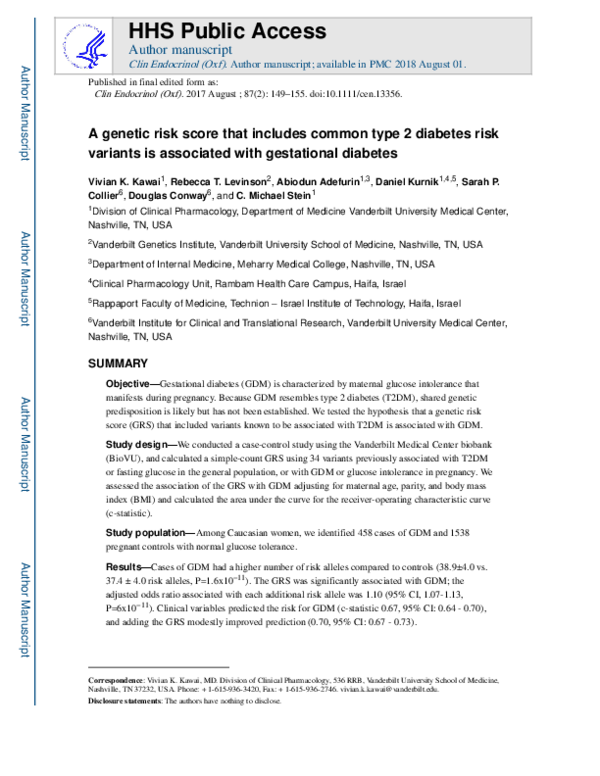 (PDF) A genetic risk score that includes common type 2 diabetes risk ...