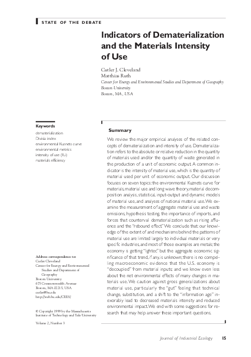 (PDF) Indicators of Dematerialization and the Materials Intensity of Use