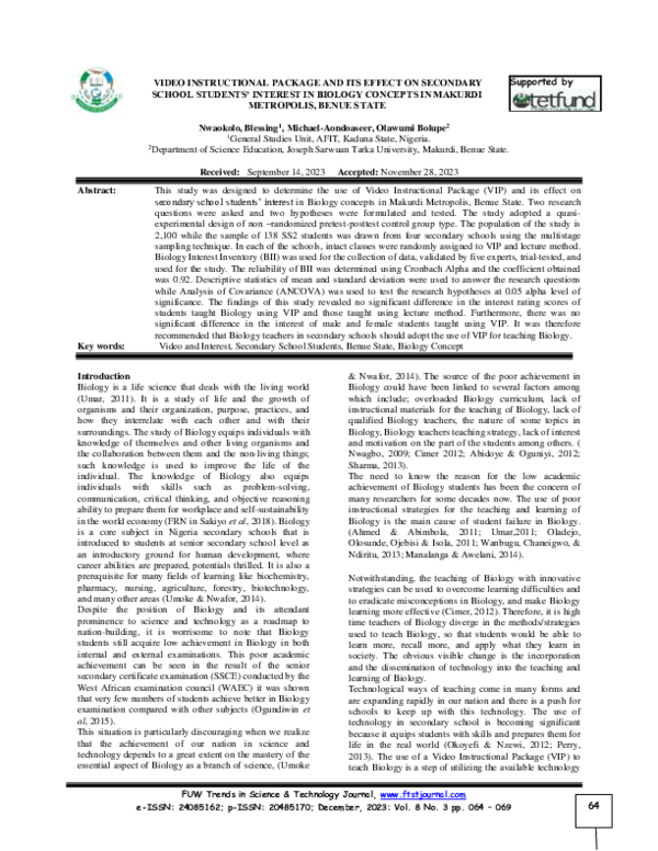 (PDF) VIDEO INSTRUCTIONAL PACKAGE AND ITS EFFECT ON SECONDARY SCHOOL ...