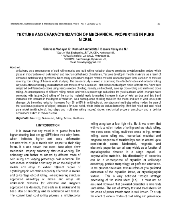 (PDF) Texture and Characterization of Mechanical Properties in Pure Nickel