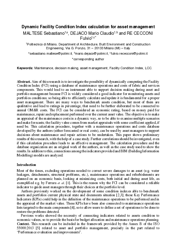 (PDF) Dynamic Facility Condition Index calculation for asset management
