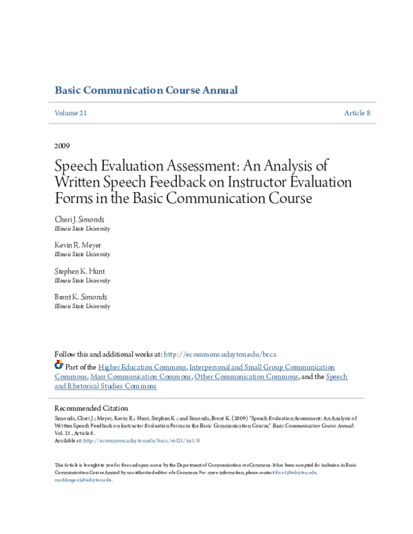 (PDF) Speech Evaluation Assessment: An Analysis of Written Speech ...