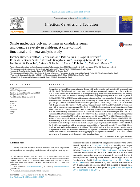 (PDF) Single nucleotide polymorphisms in candidate genes and dengue ...