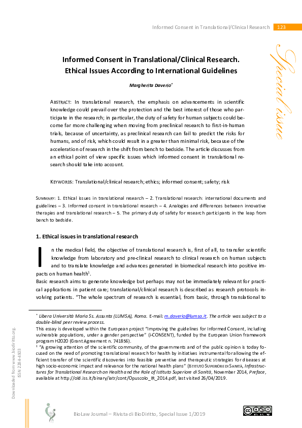 (PDF) Informed consent in translational/clinical research. Ethical ...
