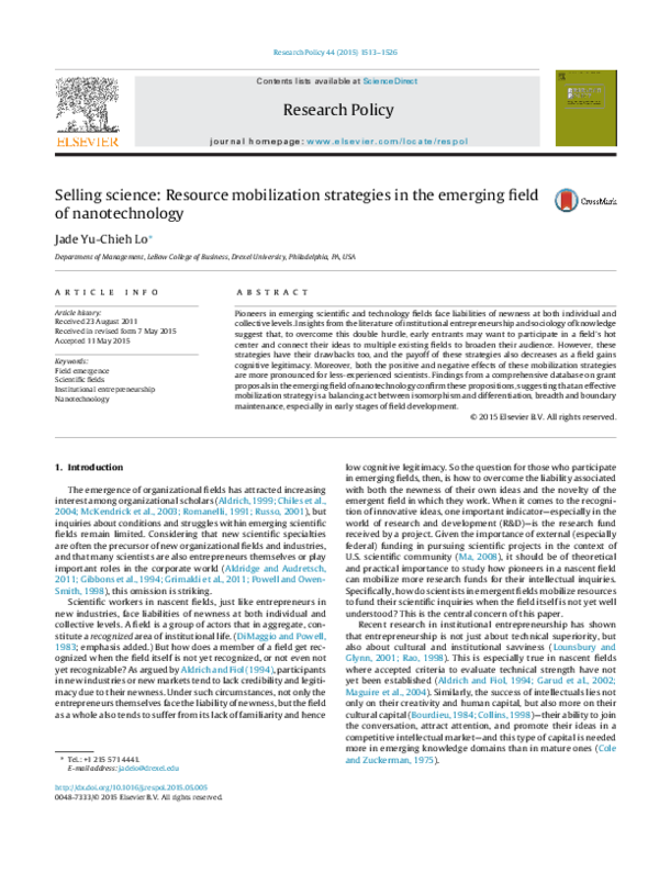 (PDF) Selling science: Resource mobilization strategies in the emerging ...