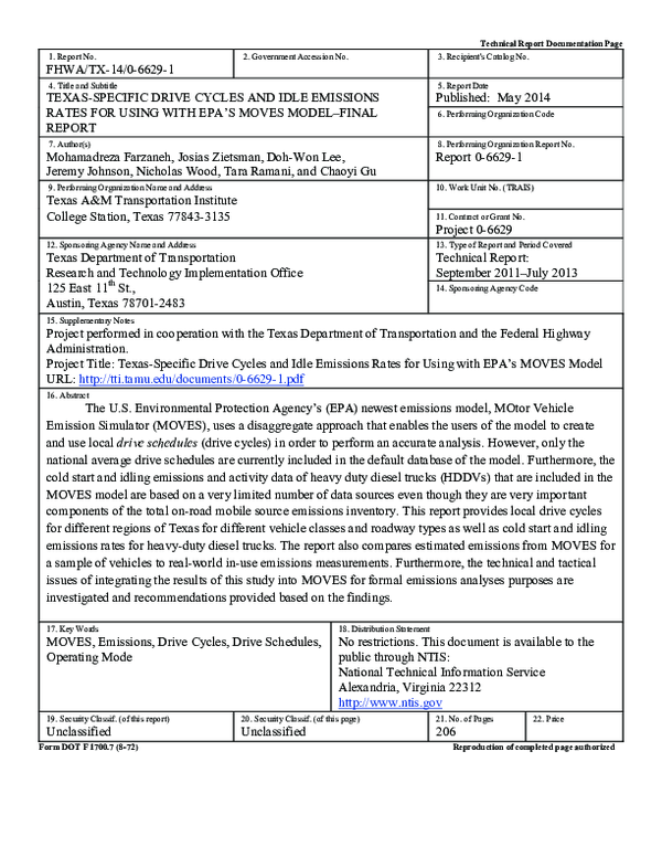 (PDF) Texas Specific Drive Cycles and Idle Emissions Rates for Using ...