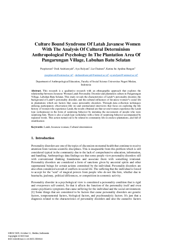 (PDF) Culture Bound Syndrome Of Latah Javanese Women With The Analysis ...