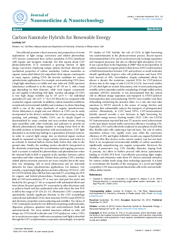 (PDF) Carbon Nanotube Hybrids for Renewable Energy