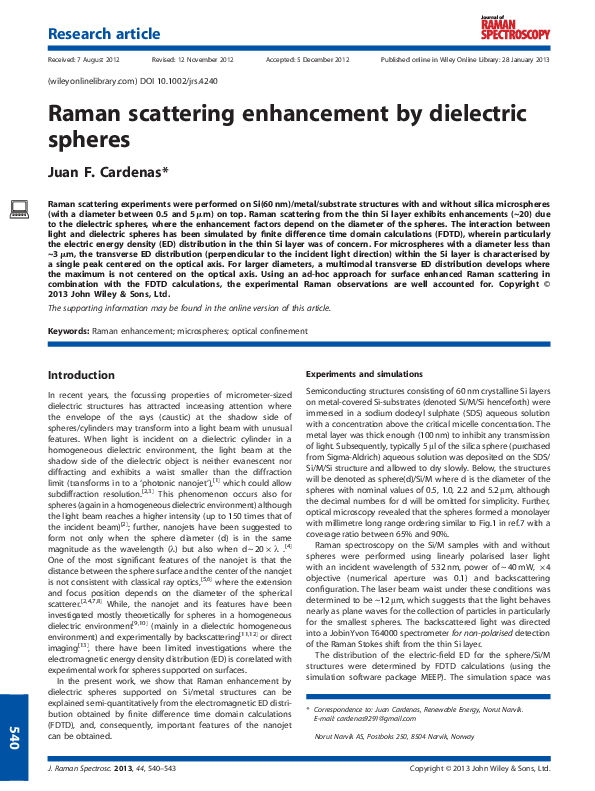 (PDF) Raman scattering enhancement by dielectric spheres
