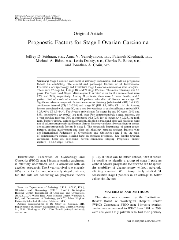 (PDF) Prognostic Factors for Stage I Ovarian Carcinoma