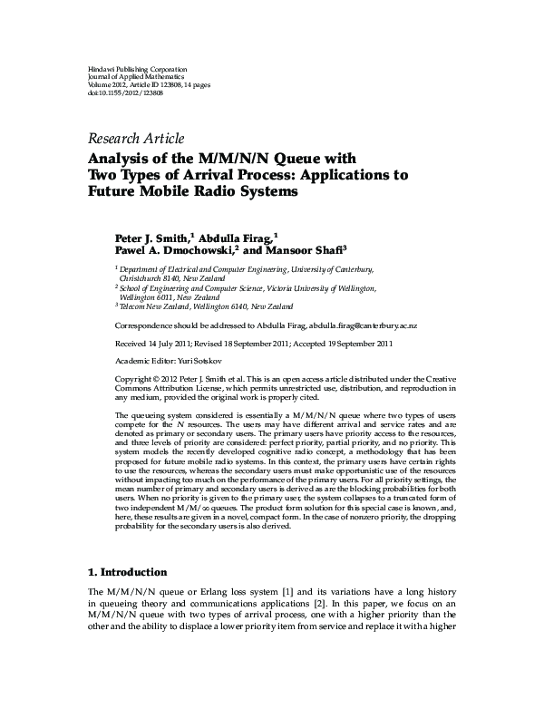 (PDF) Analysis of the M/M/N/N Queue with Two Types of Arrival Process ...