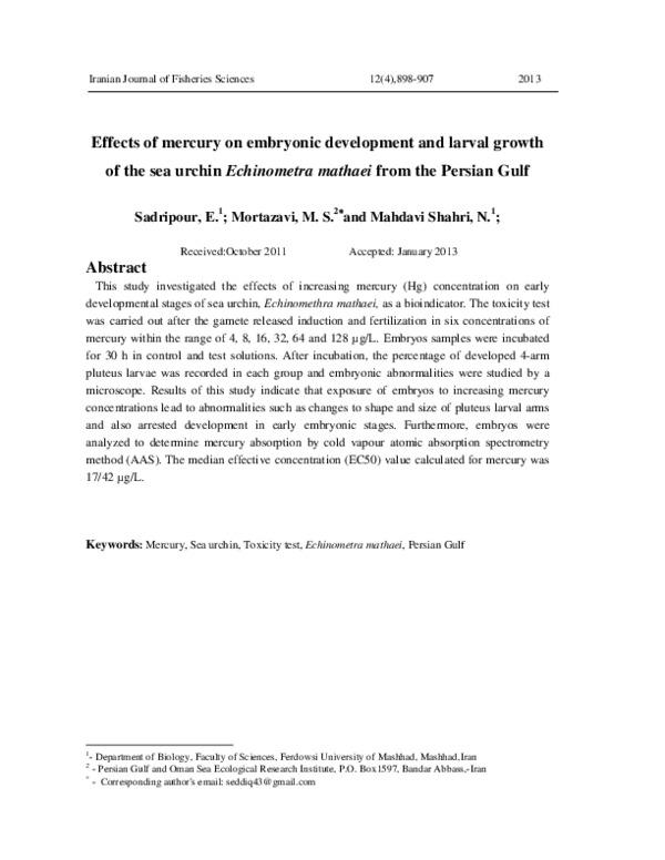 (PDF) Effects of mercury on embryonic development and larval growth of ...