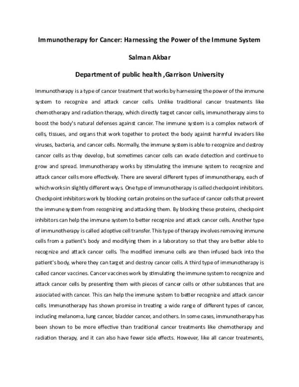 Pdf Immunotherapy For Cancer Harnessing The Power Of The Immune System