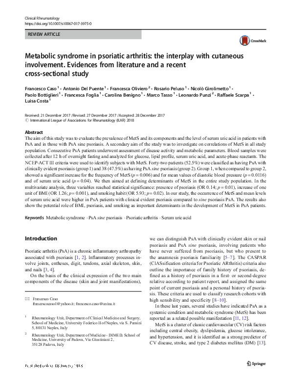 (PDF) Metabolic syndrome in psoriatic arthritis: the interplay with ...