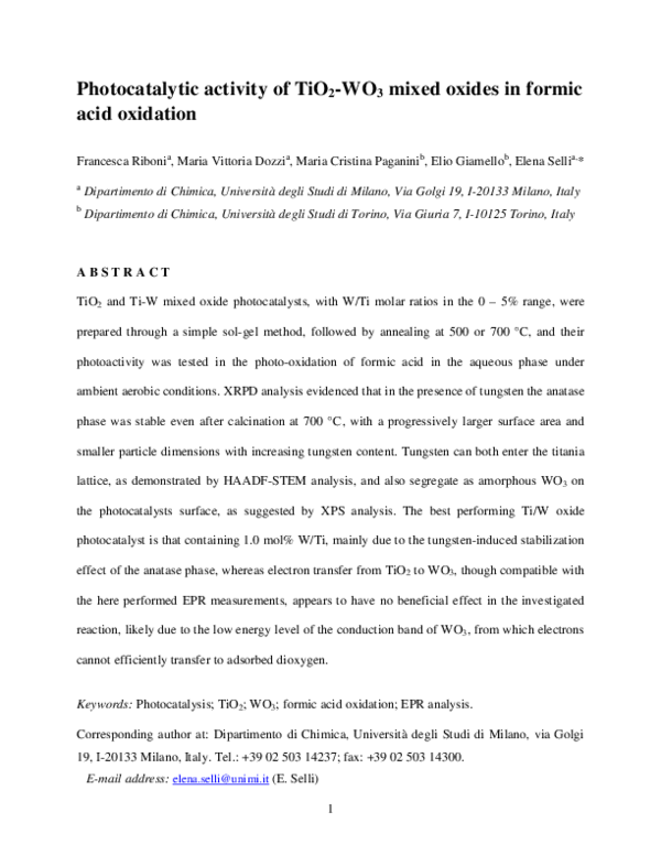 (PDF) Photocatalytic activity of TiO 2 -WO 3 mixed oxides in formic ...