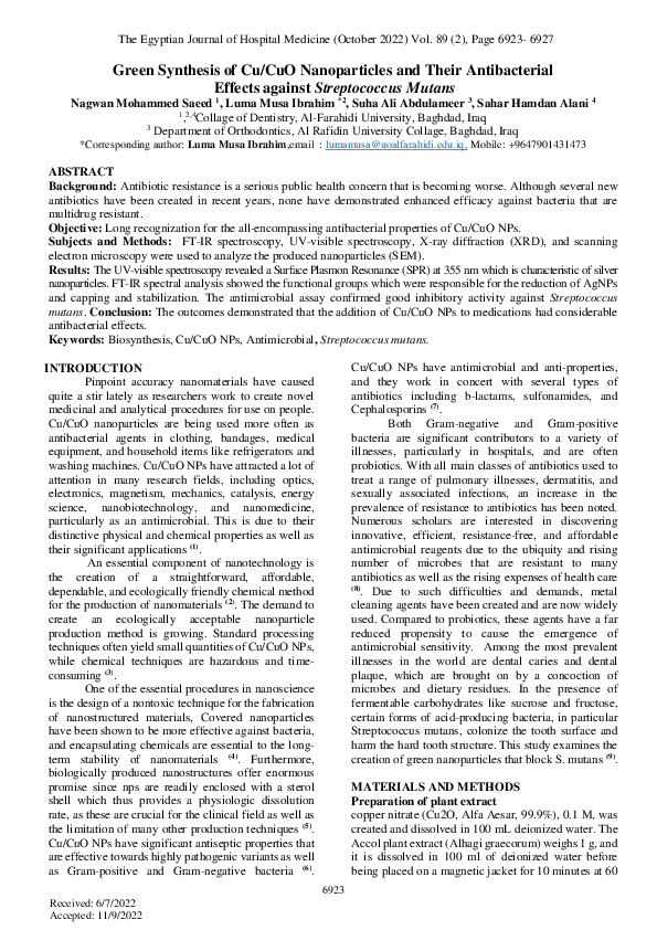 (PDF) Green Synthesis of Cu/CuO Nanoparticles and Their Antibacterial ...