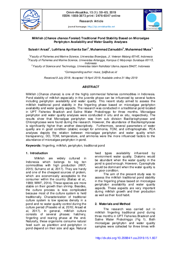 (PDF) Milkfish (Chanos chanos Forskal) Traditional Pond Stability Based ...