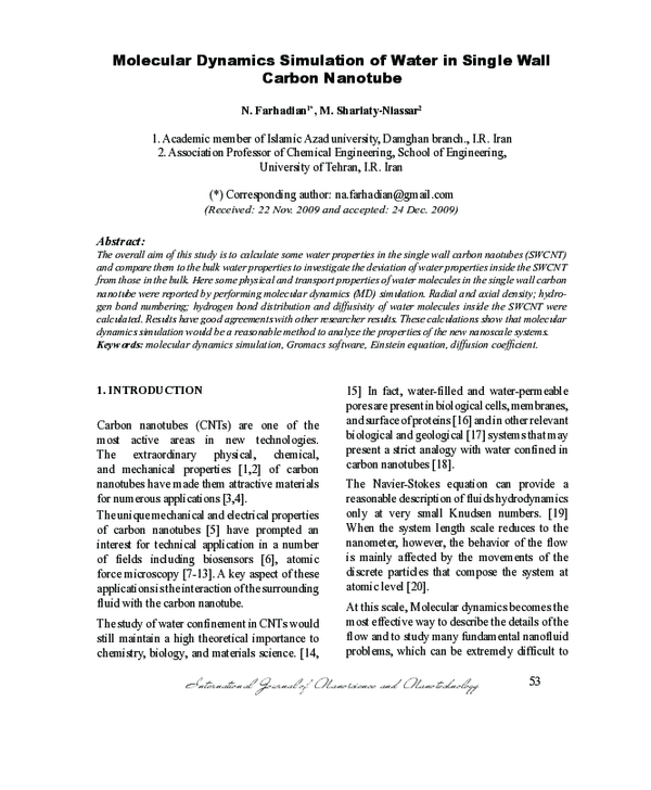 (PDF) Molecular Dynamics Simulation of Water in Single Wall