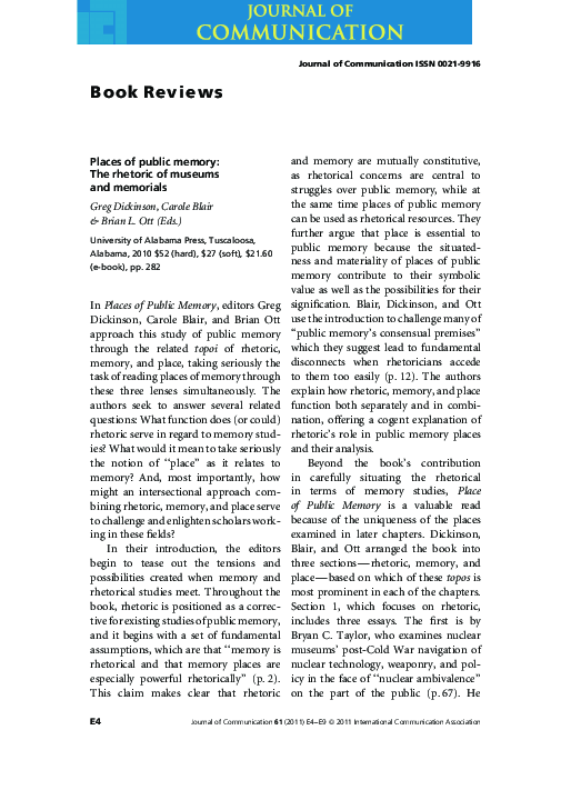 (PDF) Places of Public Memory: The Rhetoric of Museums and Memorials