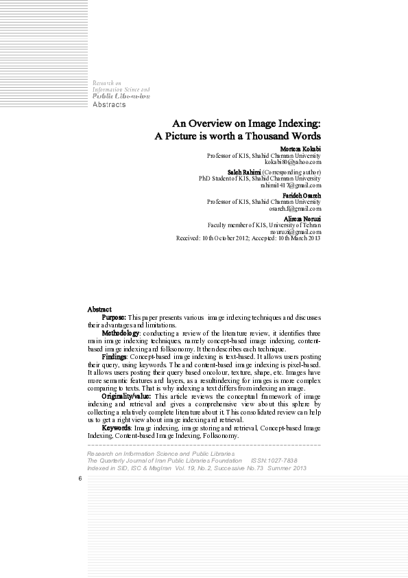 (PDF) An Overview on Image Indexing: A Picture is Worth a Thousand Words