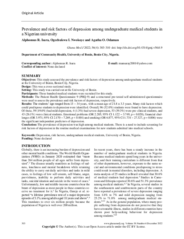 (PDF) Prevalence and risk factors of depression among undergraduate ...