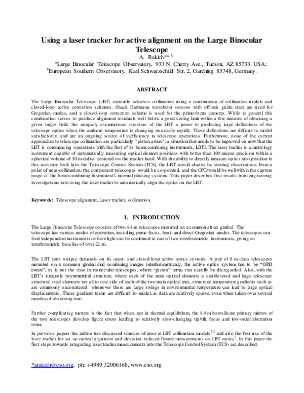 (PDF) Using a laser tracker for active alignment on the Large Binocular ...