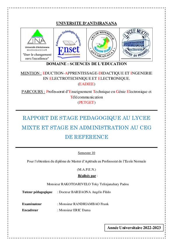 (PDF) RAPPORT DE STAGE PEDAGOGIQUE AU LYCEE Niveau Master, ENSET Madagascar