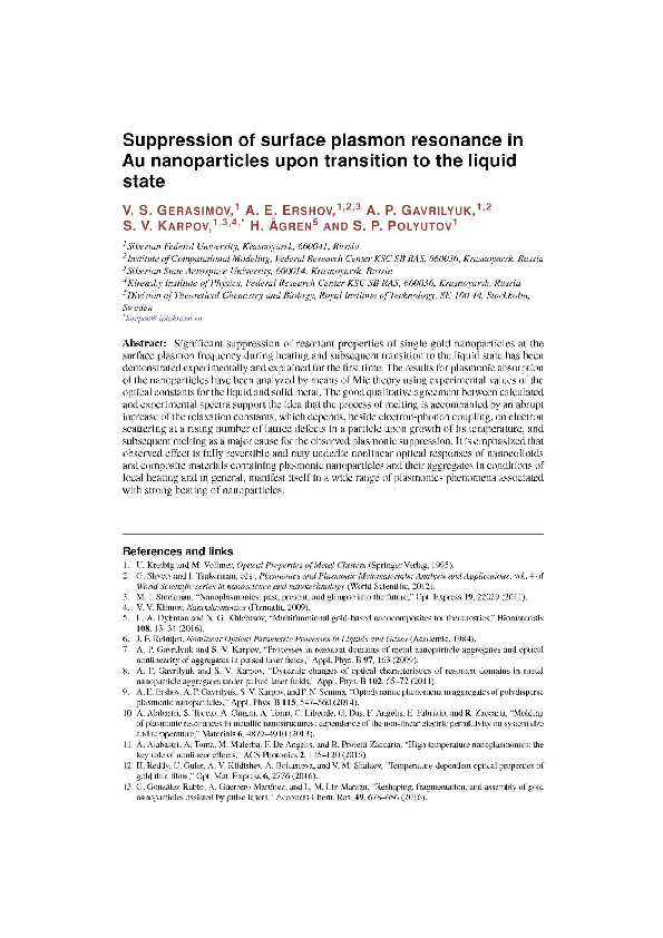 (PDF) Suppression of surface plasmon resonance in Au nanoparticles upon ...