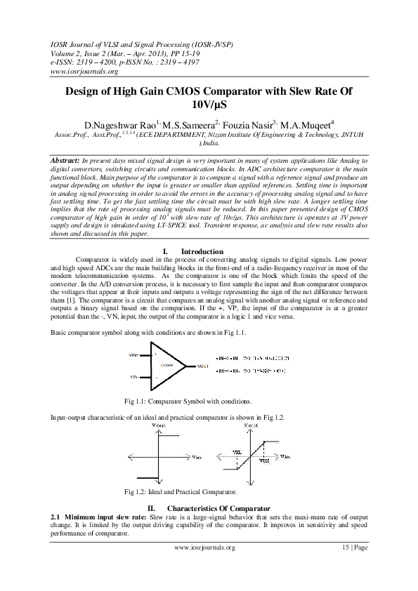 (PDF) Design of High Gain CMOS Comparator with Slew Rate Of 10V/µS