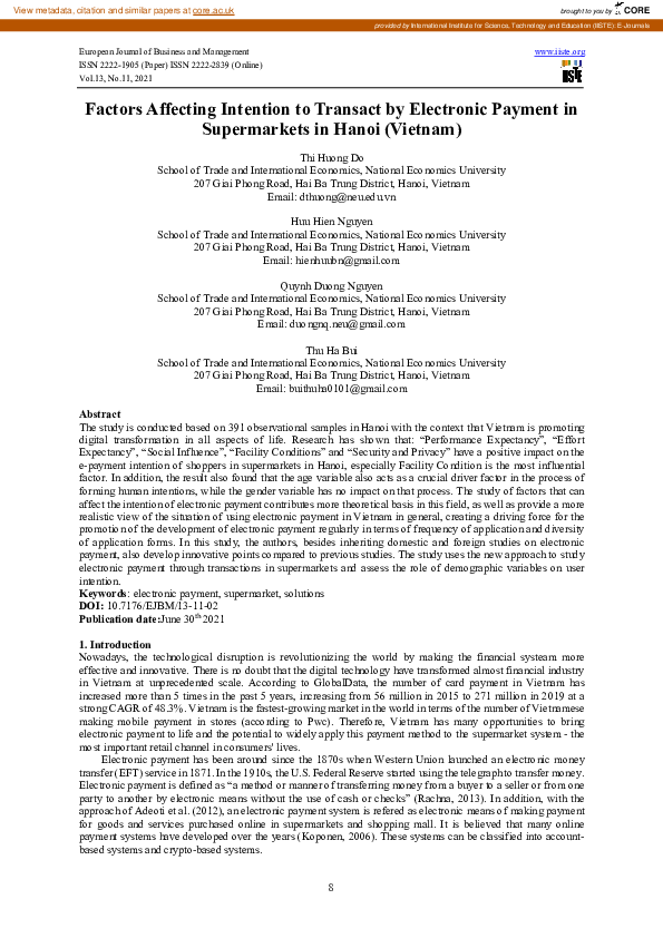 (PDF) Factors Affecting Intention to Transact by Electronic Payment in ...