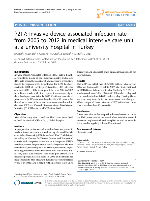 (PDF) P217: Invasive device associated infection rate from 2005 to 2012 ...