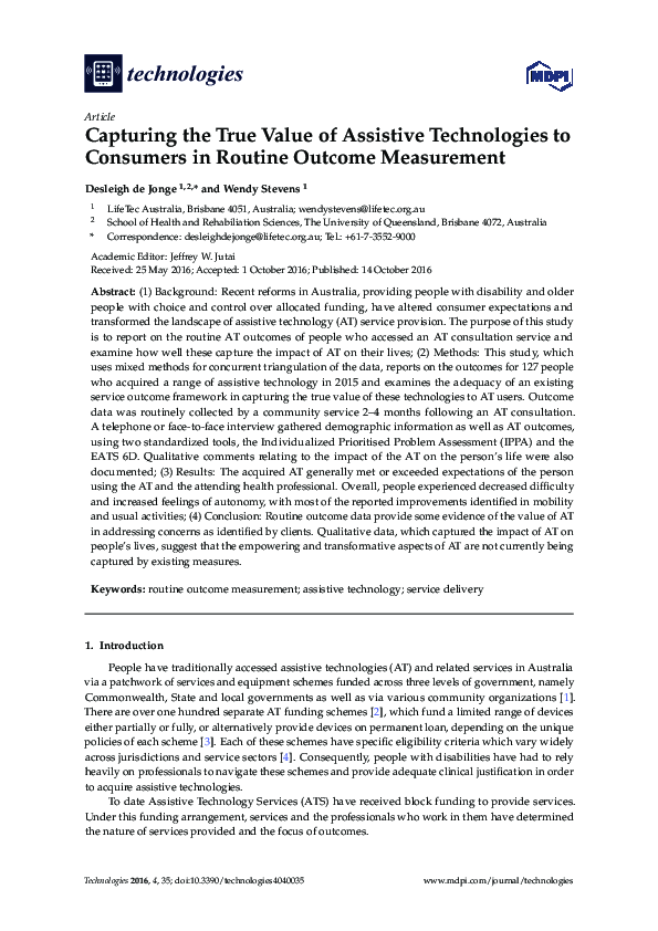 (PDF) Capturing the True Value of Assistive Technologies to Consumers ...