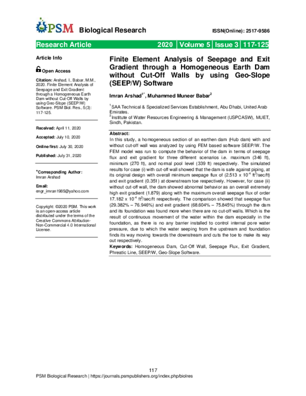 (PDF) Finite Element Analysis of Seepage and Exit Gradient through a ...