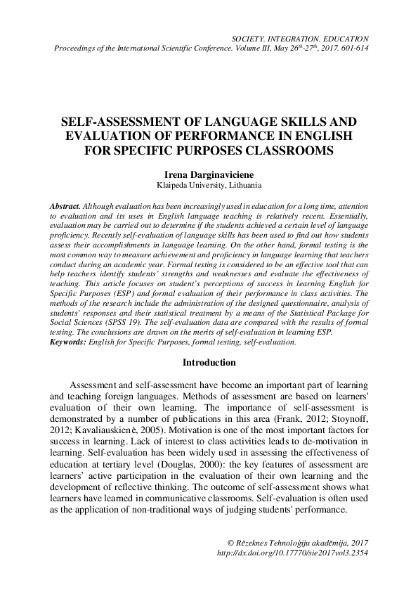(PDF) Self-Assessment of Language Skills and Evaluation of Performance ...
