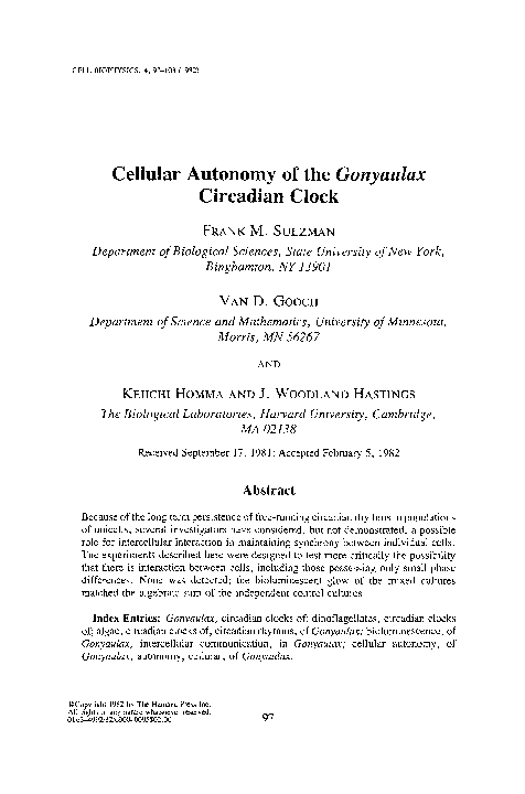 (PDF) Cellular autonomy of theGonyaulax circadian clock