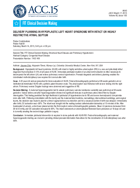 (PDF) Delivery Planning in Hypoplastic Left Heart Syndrome with Intact ...