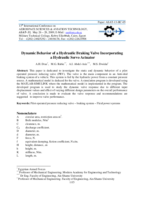 (PDF) Dynamic Behavior of a Hydraulic Braking Valve Incorporating a ...