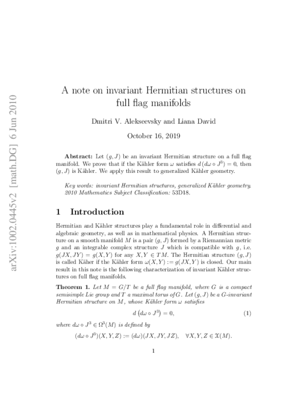 (PDF) A note on invariant Hermitian structures on full flag manifolds