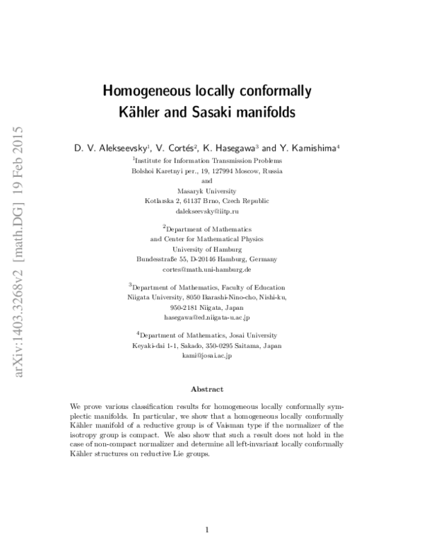 (PDF) Homogeneous locally conformally Kaehler and Sasaki manifolds