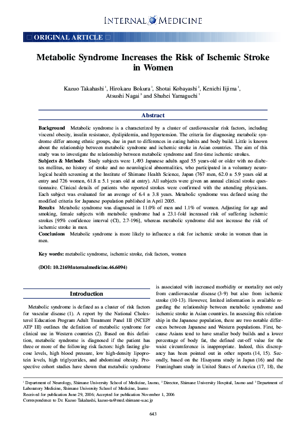 (PDF) Metabolic Syndrome Increases the Risk of Ischemic Stroke in Women