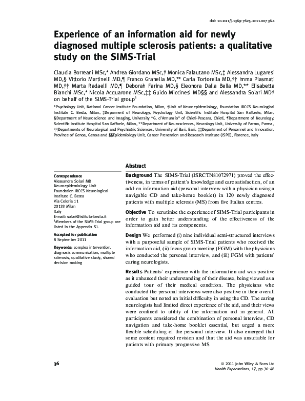 (PDF) Experience of an information aid for newly diagnosed multiple ...