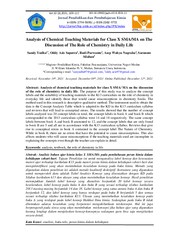 (PDF) Analysis of Chemical Teaching Materials for Class X SMA/MA on The ...