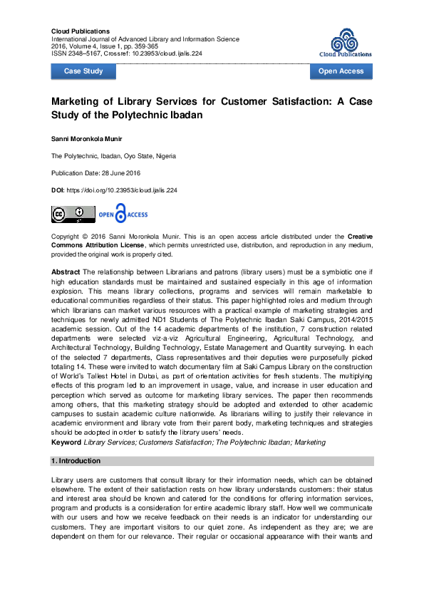 (PDF) Marketing of Library Services for Customer Satisfaction: A Case ...