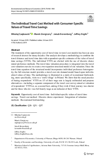(PDF) The Individual Travel Cost Method with Consumer-Specific Values ...