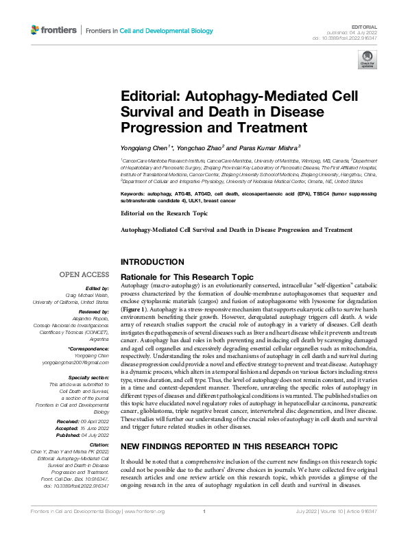 (PDF) Editorial: Autophagy-Mediated Cell Survival and Death in Disease ...