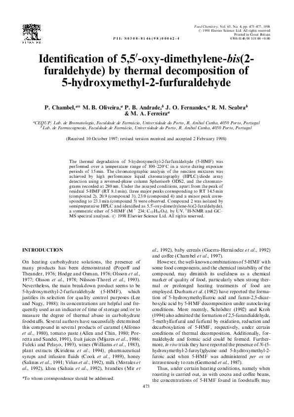 (PDF) Identification of 5,5′-oxy-dimethylene-bis(2-furaldehyde) by ...