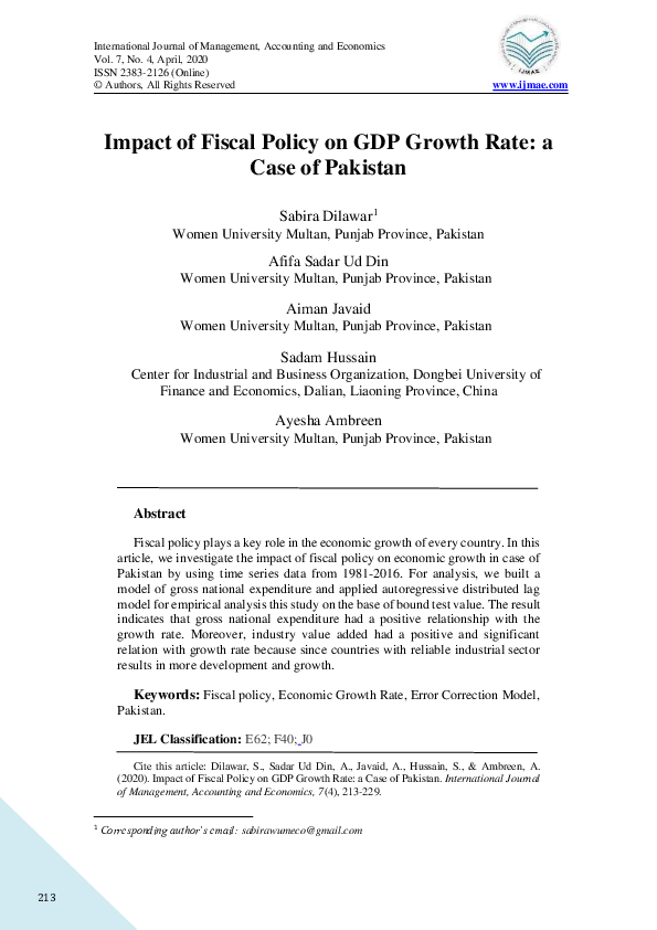 (PDF) Impact of Fiscal Policy on GDP Growth Rate: a Case of Pakistan