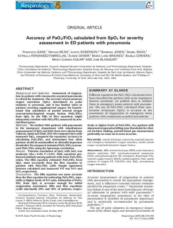 (PDF) Accuracy of PaO2/FiO2 calculated from SpO2 for severity ...