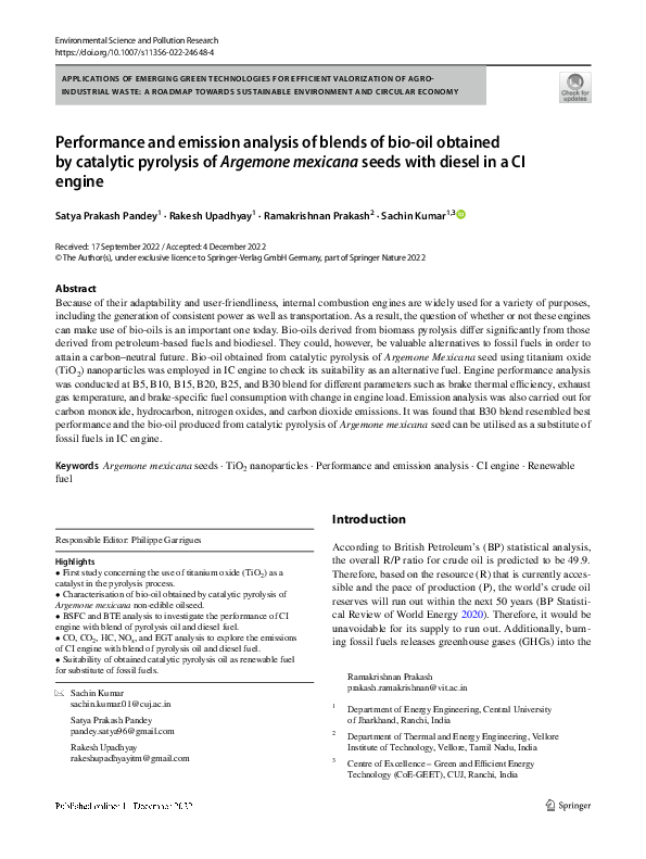 (PDF) Performance and emission analysis of blends of bio-oil obtained ...