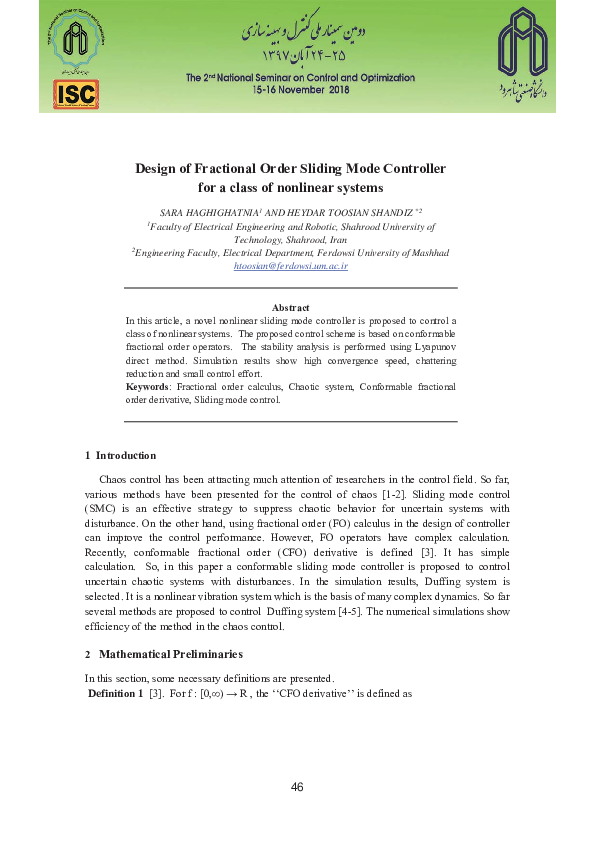 (PDF) Design of Fractional Order Sliding Mode Controller for a class of ...